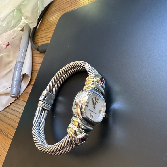 David Yurman 2 Row Cable Gold Quartz Garnet Sterling Silver Gold Trim - Picture 10 of 12